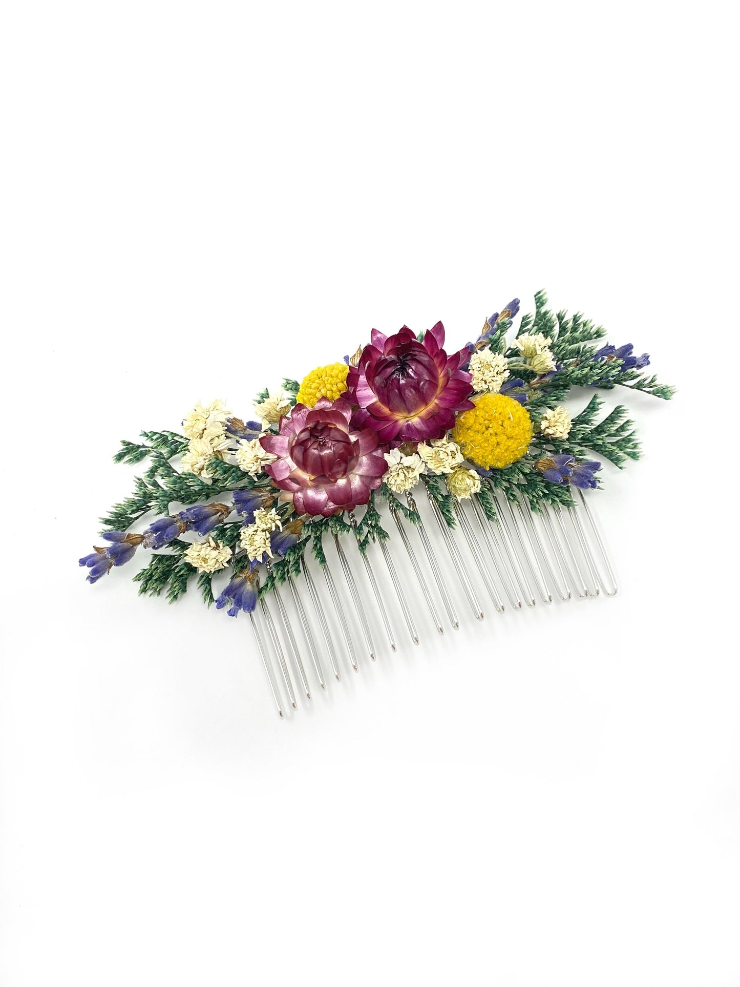 Hair Comb, Summer Hair Pins, Dried flowers, Preserved, Floral Comb, Clip, Wedding, Corsage, Prom, Bridal, Purple, White, Yellow, Green