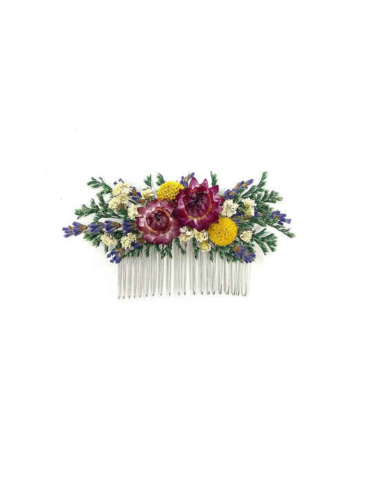 Hair Comb, Summer Hair Pins, Dried flowers, Preserved, Floral Comb, Clip, Wedding, Corsage, Prom, Bridal, Purple, White, Yellow, Green