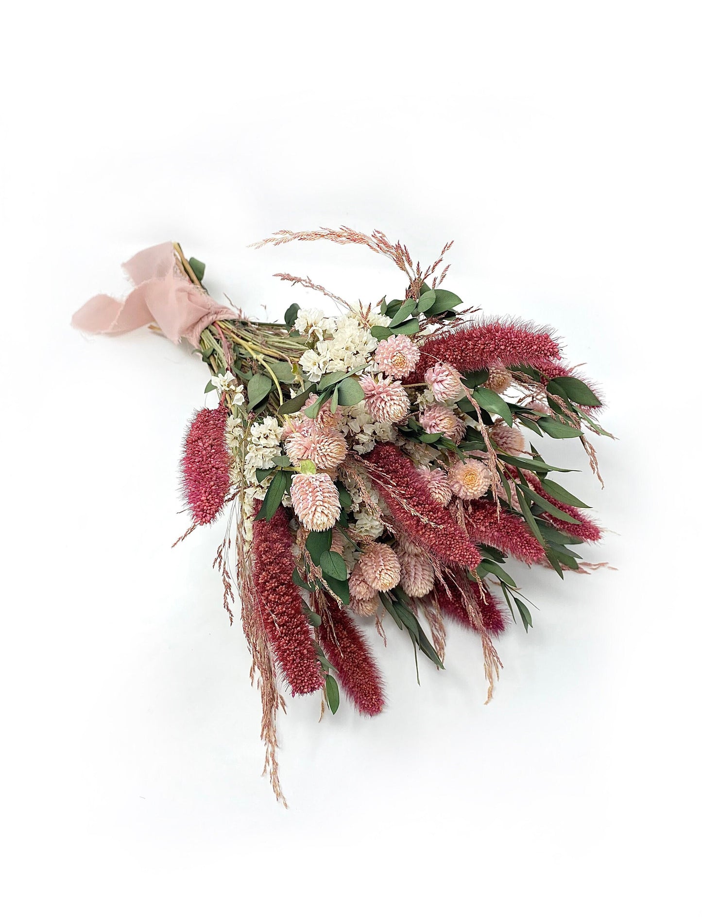 Wedding Bouquet, Dried Flowers, Majestic, Preserved Floral, Bridal, Ribbon, Pink Bouquet, Green and White, Red Silk, Summer, Spring, Gift