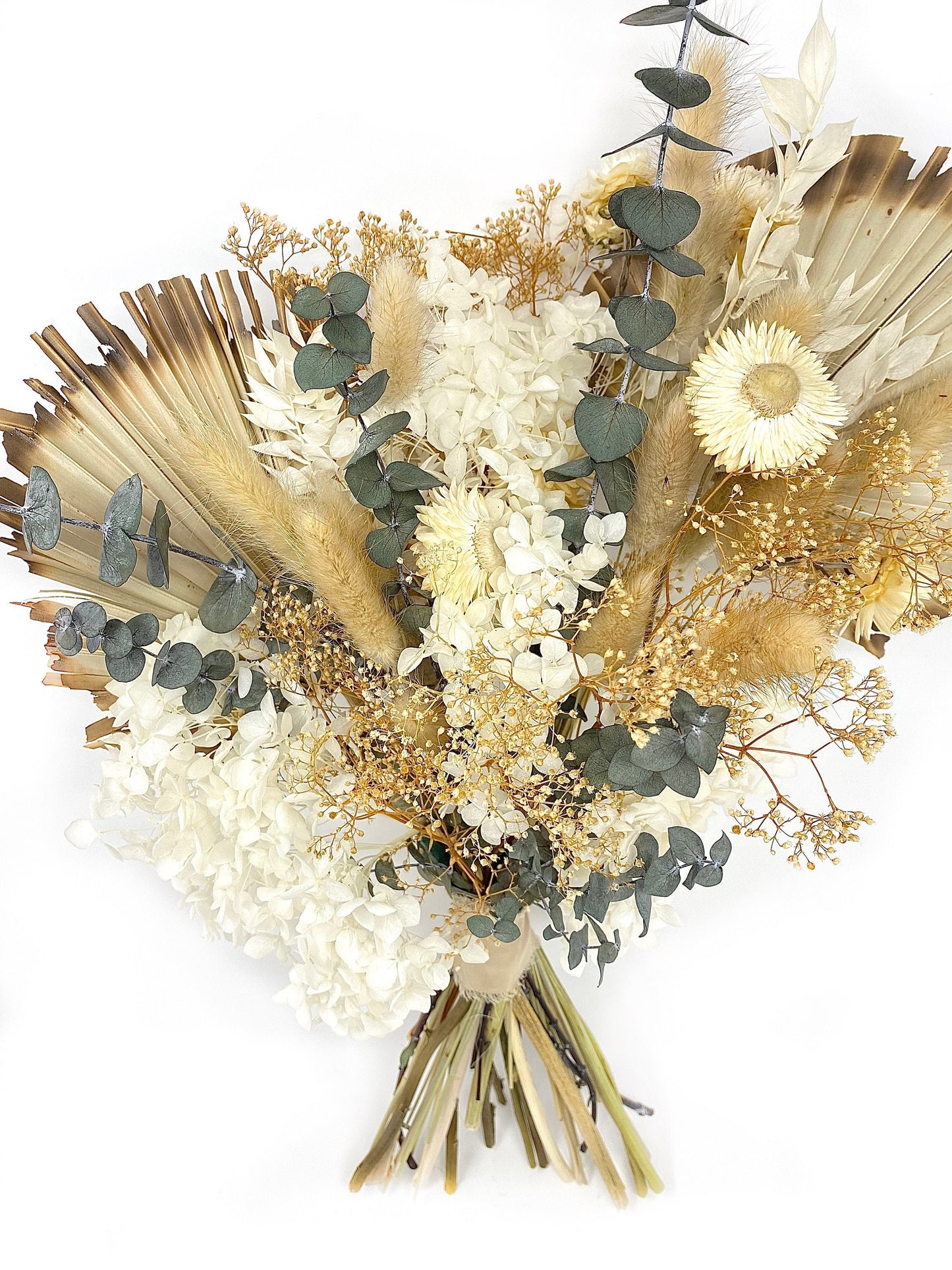 Boho Wedding Bouquet, Dried Flowers, Preserved Floral, Bridal, Ribbon, Palm Leaves, Green and White, All Season Boquet, Neutral, Gift