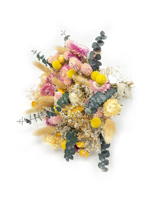 Summer Bouquet, Dried Florals, Wedding Flowers, Pink and Yellow